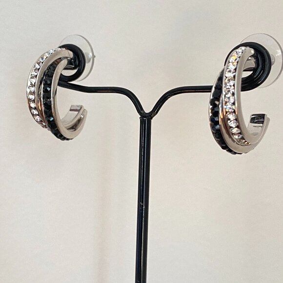 FAC NWT Black & Clear Crystal Silver Tone Hoop Earrings - Picture 3 of 8